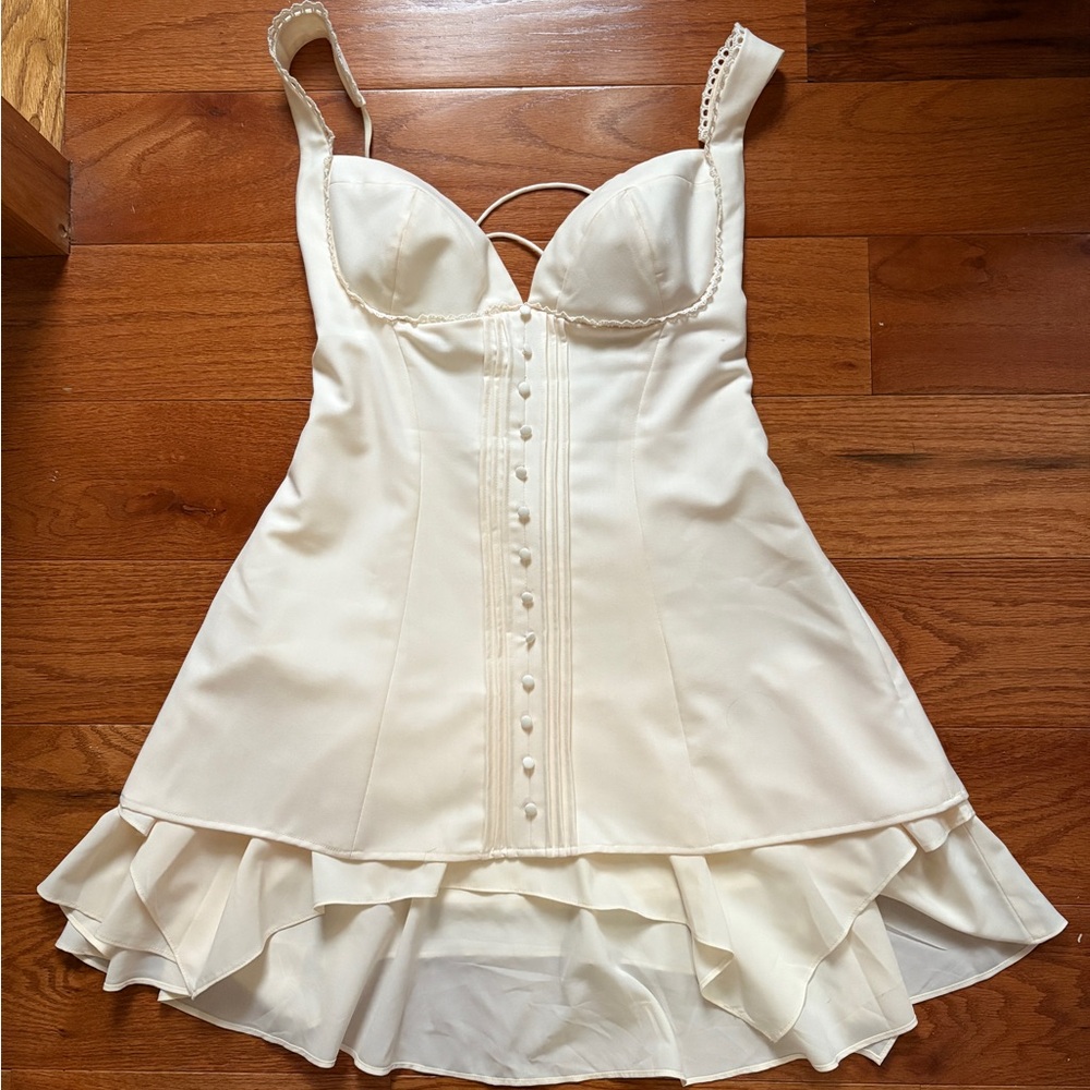 Oh Polly Cream Ruffle-Trim Mini Dress